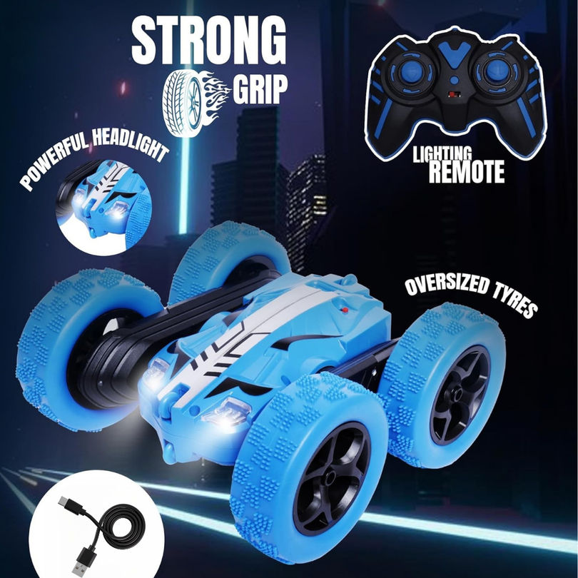 Fablue Double Flip Remote Control Stunt Car For Kids - 360 Degree Rotating Car Toy - Blue