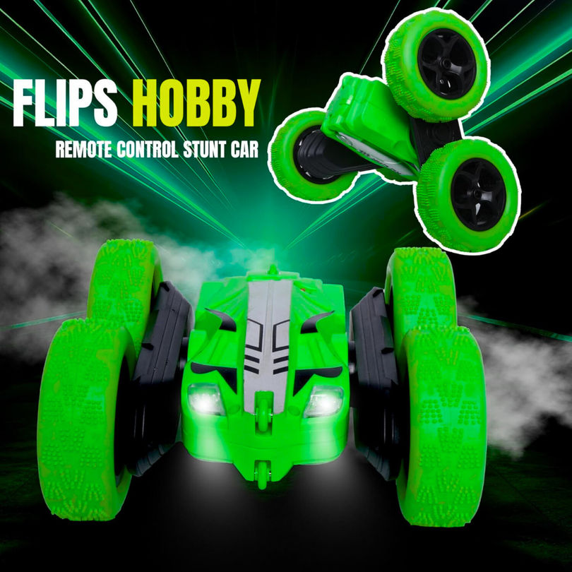 Fablue Double Flip Remote Control Stunt Car For Kids - 360 Degree Rotating Car Toy - Green
