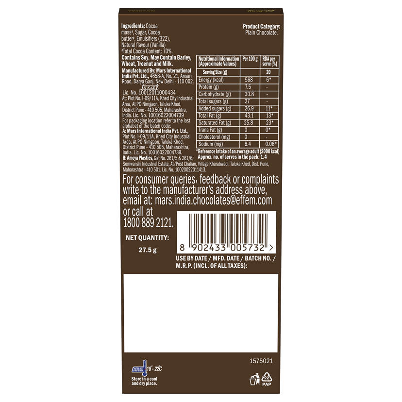 Galaxy Fusions Silky Smooth Dark Chocolate Bar, Made with 70% Cocoa 27.5 g Combo
