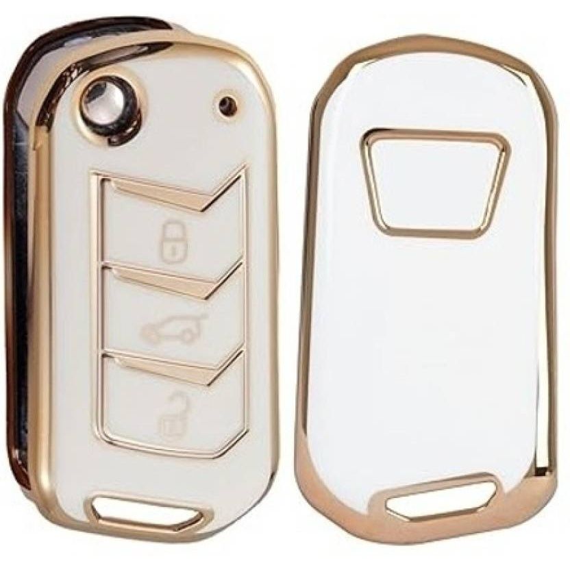 Autofrill TPU Car Key Cover for Mahindra Scorpio 3 Button Flip Key | White-Gold