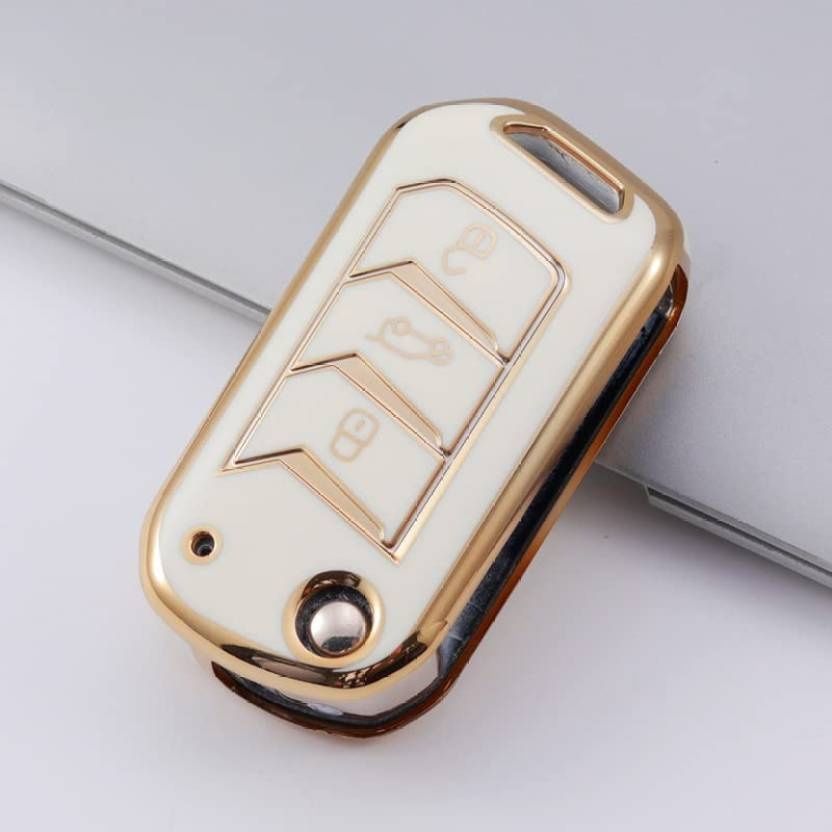 Autofrill TPU Car Key Cover for Mahindra Scorpio 3 Button Flip Key | White-Gold
