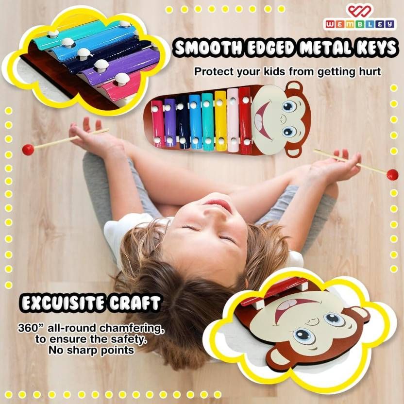 Wembley Wooden Xylophone For Kids Multicolored Key Keyboard Xylophone Piano With 2 Sticks - Monkey