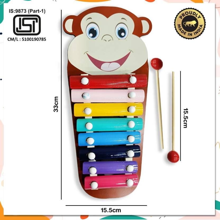 Wembley Wooden Xylophone For Kids Multicolored Key Keyboard Xylophone Piano With 2 Sticks - Monkey