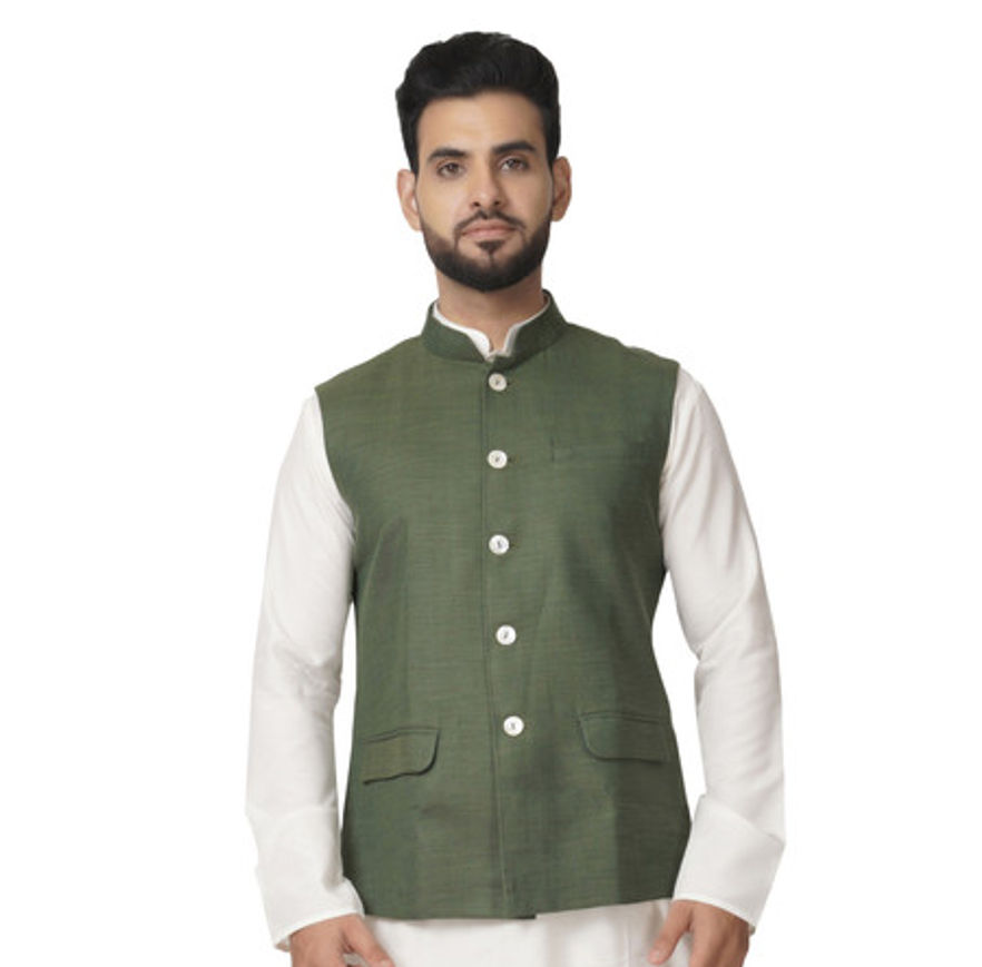 Ethnix by Raymond Men's Regular Fit Pure Polyester Solid Pattern Stand Collar Bundi | Olive - XL