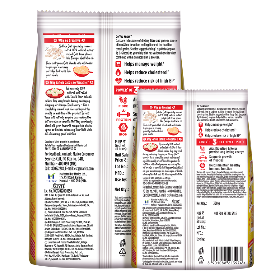 Saffola Oats, Instant Rolled Oats, Soft & Creamy Oats, Power of Protein, Iron & Fibre