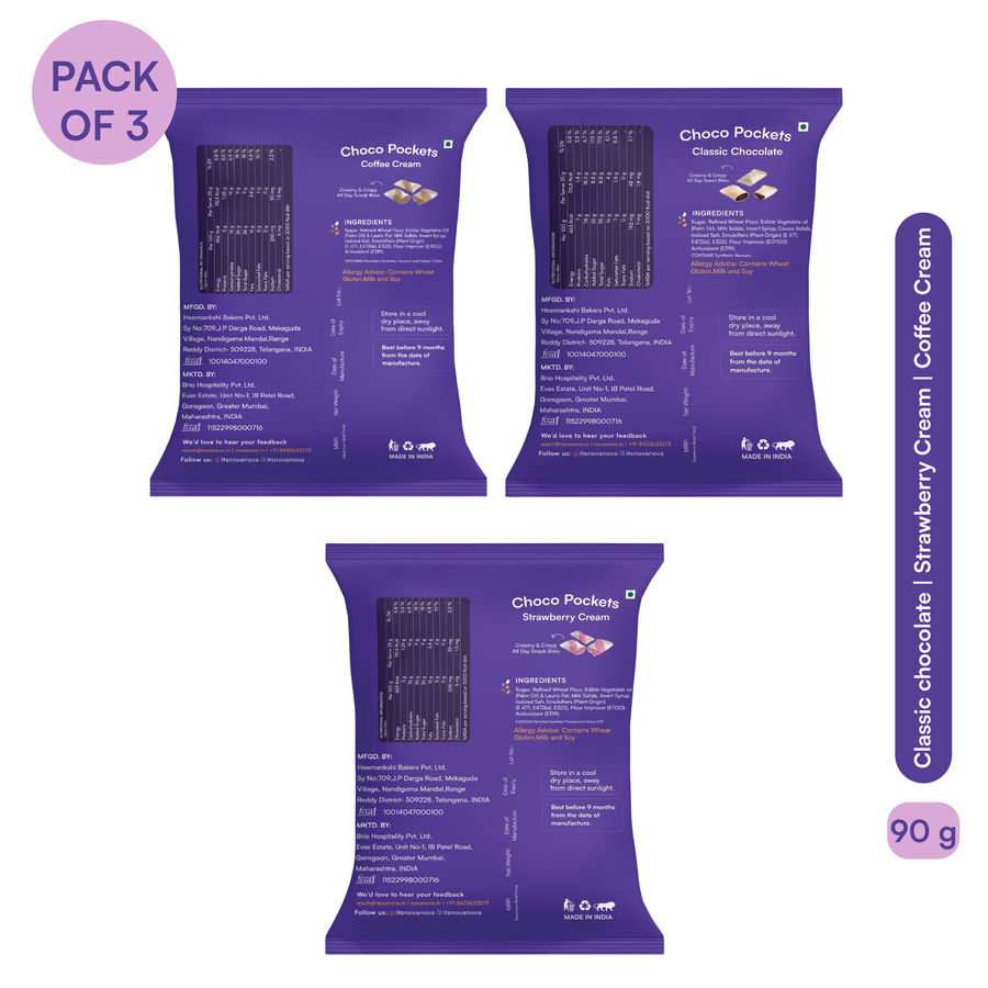 Nova Nova Choco Pockets - Assorted Pack of 3 ( Classic Chocolate, Coffee & Strawberry Cream) 90 g Combo