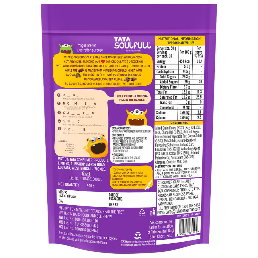 TataÂ SoulfullÂ Ragi Bites Choco Fills, No Maida, More Cream Filling, Kids Cereal 500 gms Combo