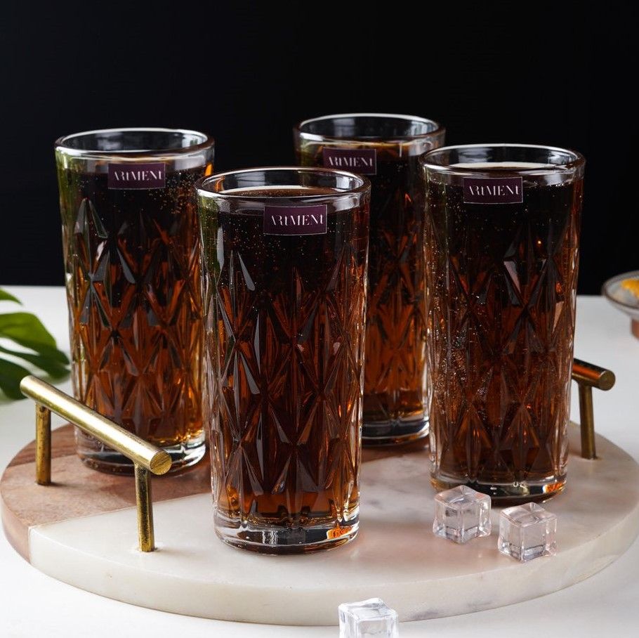 The Artment Elevated Etched Highball Glasses for Water | Juice | Colddrink | Mojito | Cocktail Set of 4 | 340 ml