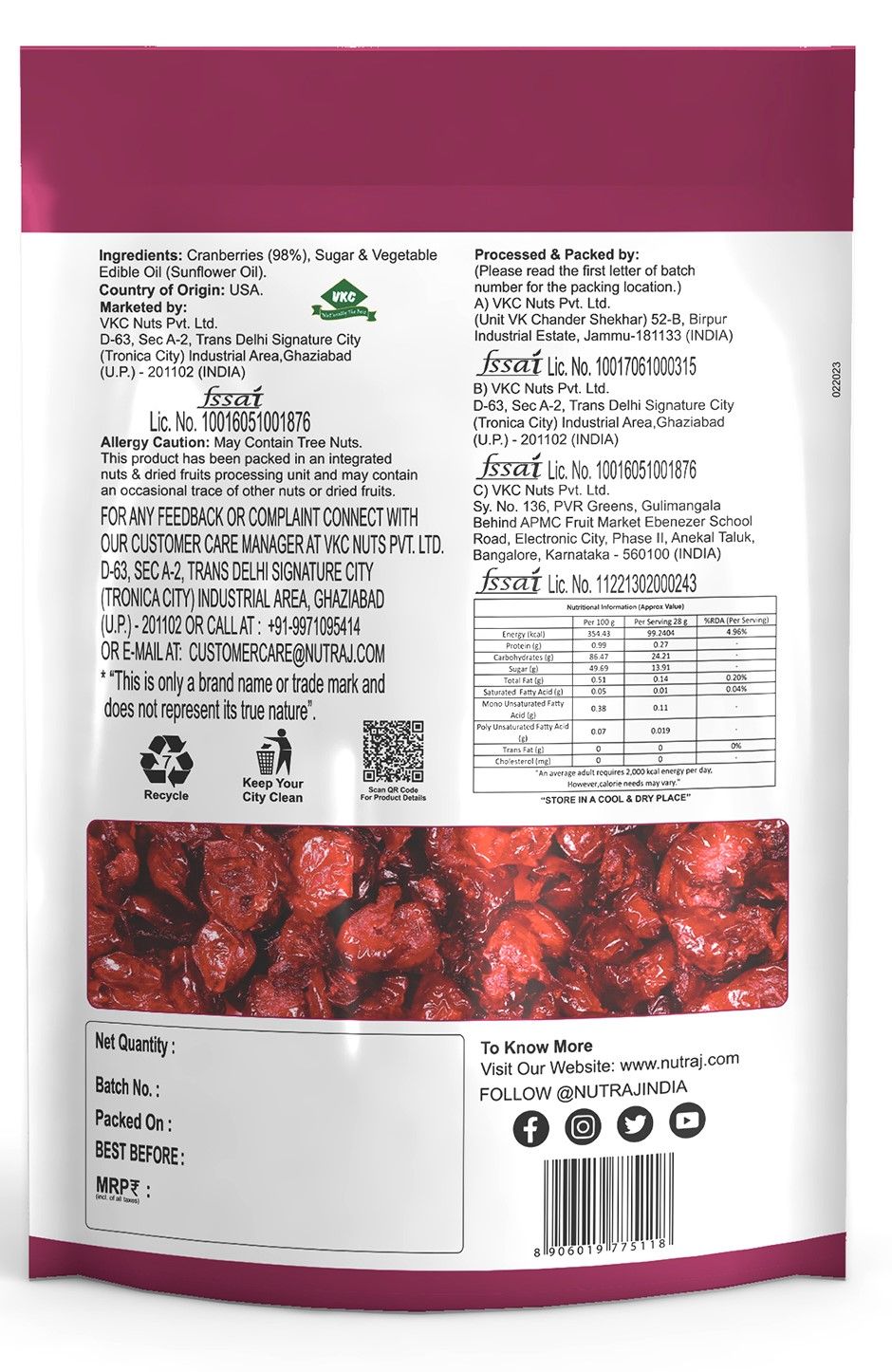 Nutraj Sweet and Tart Sliced American Dried Cranberries