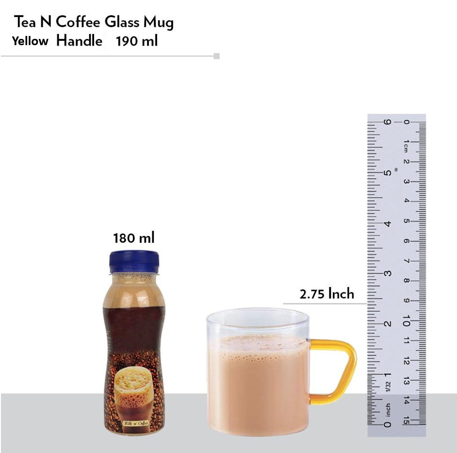 Borosil Vision Classic Mug Set With Yellow Handle (190 ml) | Borosillicate Glass | Microwave Safe
