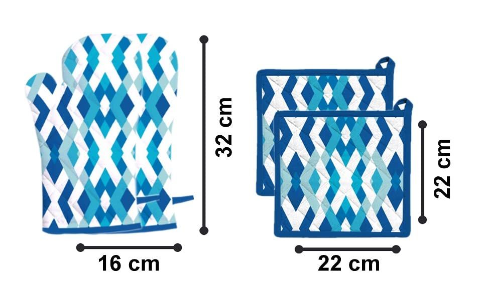 Kitchen Oven Gloves and Mitten Set - Washable Printed | Glove: 18 x 32 cm | Mitten: 20 x 20 cm