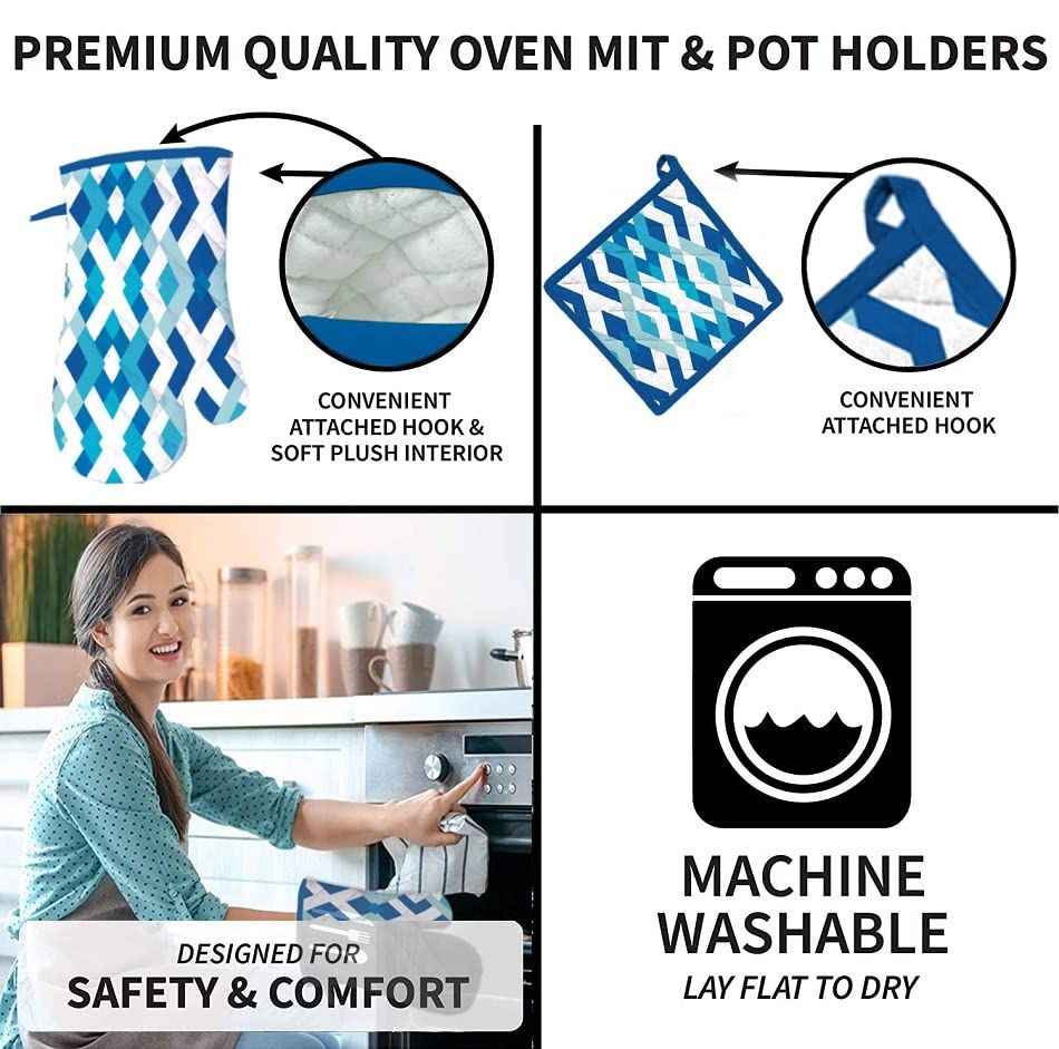 Kitchen Oven Gloves and Mitten Set - Washable Printed | Glove: 18 x 32 cm | Mitten: 20 x 20 cm