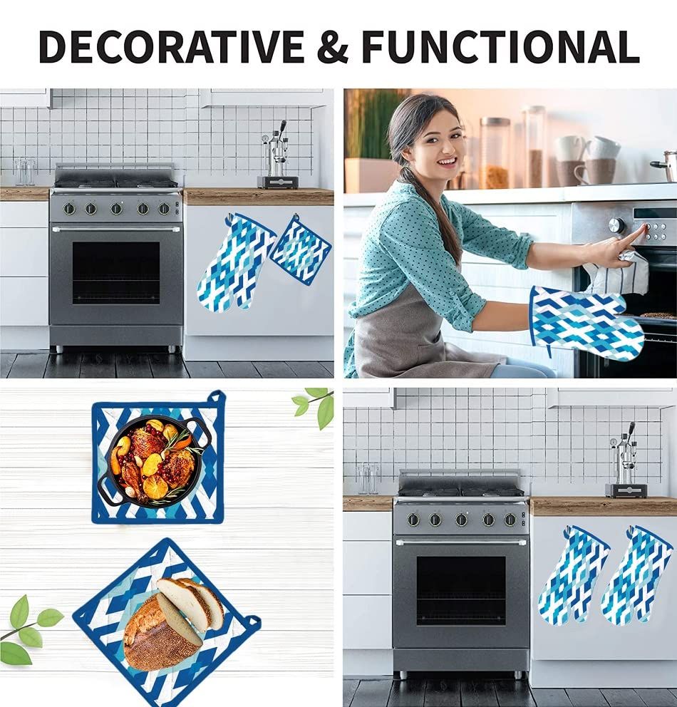 Kitchen Oven Gloves and Mitten Set - Washable Printed | Glove: 18 x 32 cm | Mitten: 20 x 20 cm