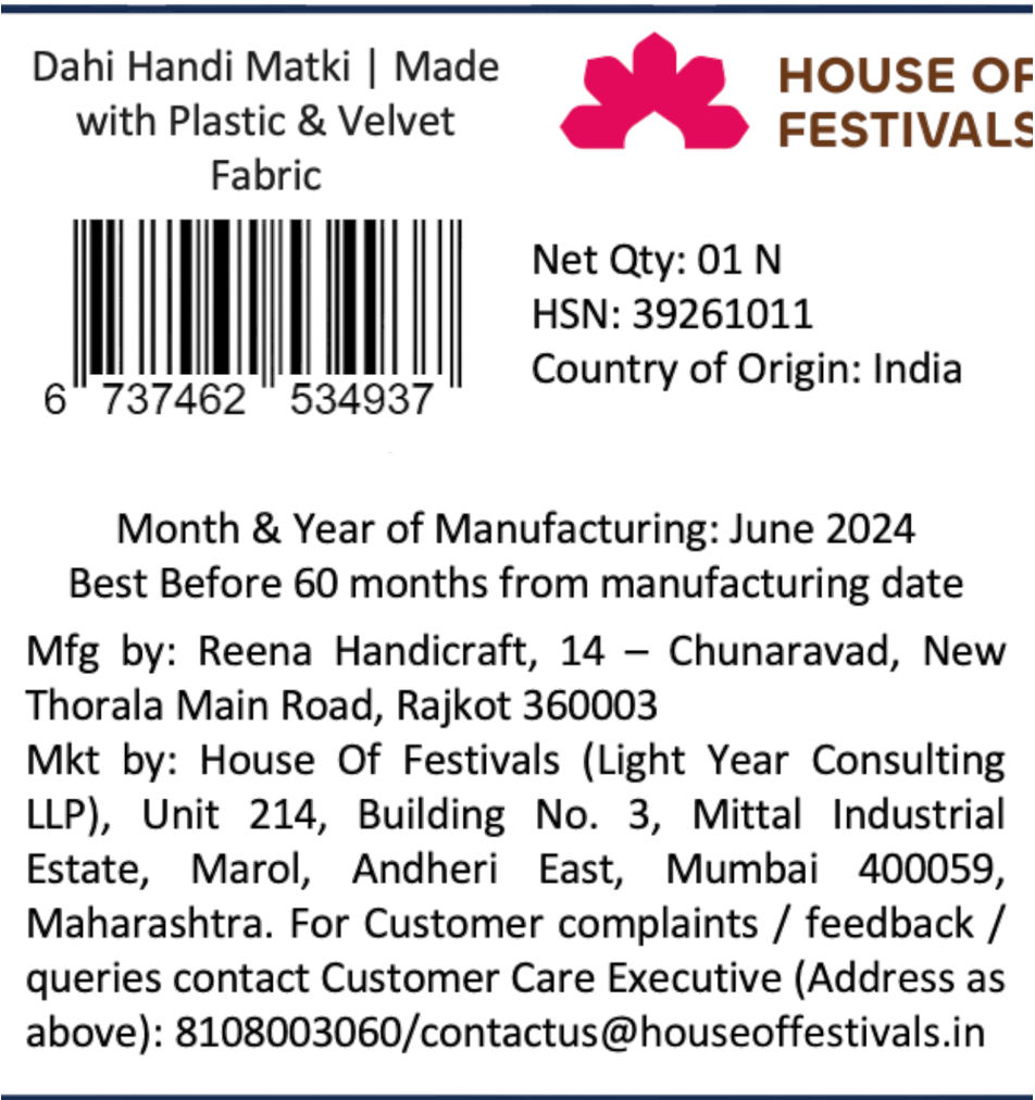 House Of Festivals Dahi Handi Matki | Made With Plastic & Velvet Fabricx