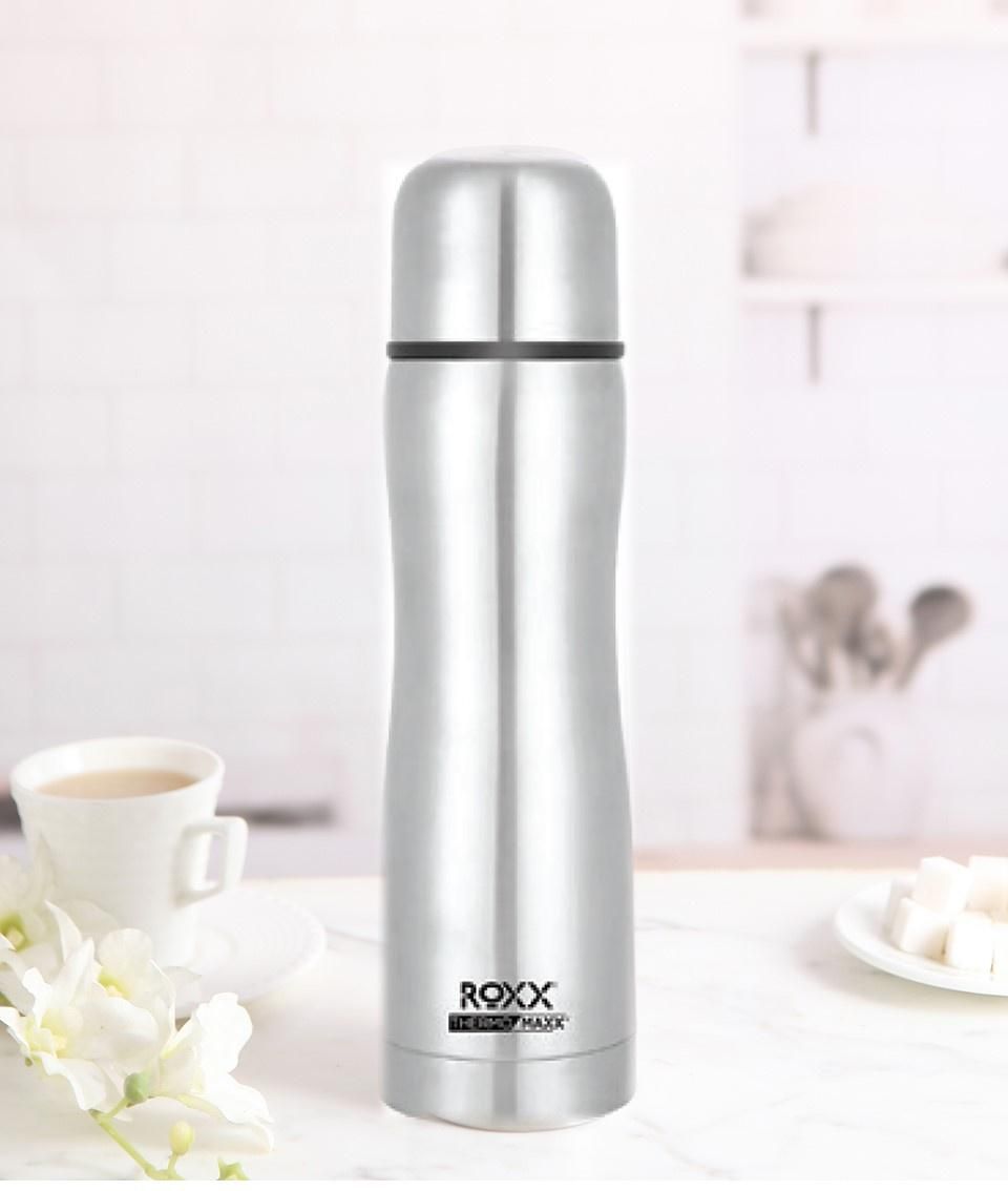 Roxx Curvy Bullet Flask | 500 ml | Double-Wall Insulated | Hot/Cold | BPA-Free | Silver