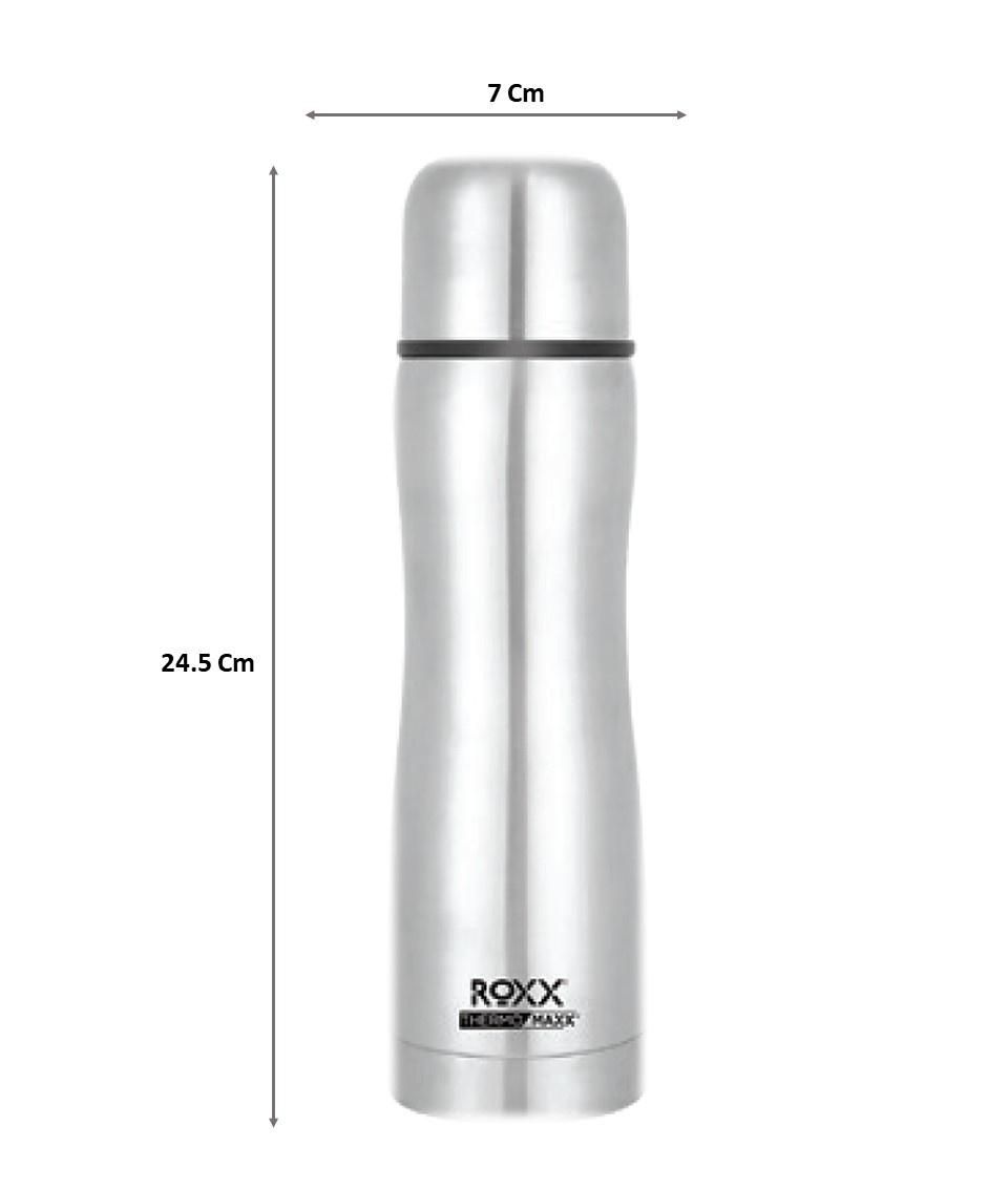 Roxx Curvy Bullet Flask | 500 ml | Double-Wall Insulated | Hot/Cold | BPA-Free | Silver
