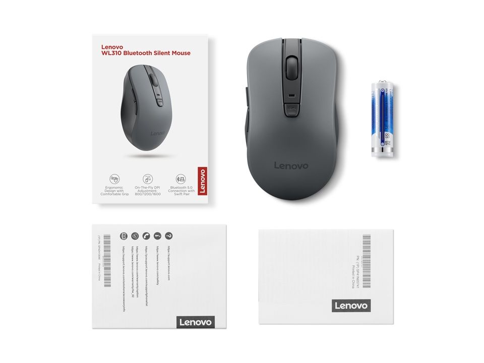 Lenovo WL310 Bluetooth Silent Mouse, Bluetooth 5.0,  1600 DPI, 6 Buttons, Grey