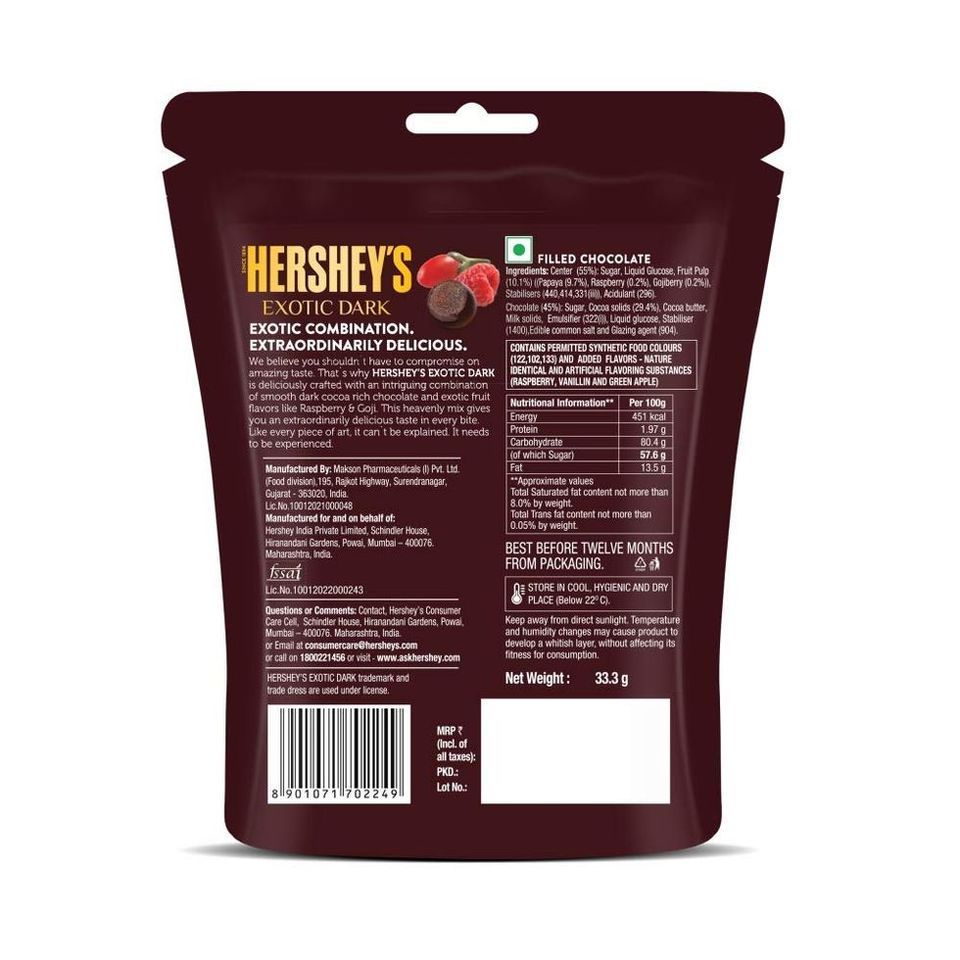 Hershey'S Exotic Raspberry & Goji Dark Chocolate Share Bag 33.3 g Combo