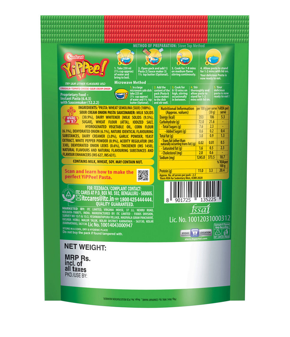 YiPPee! 100% Suji Sour Cream Onion Pasta Treat