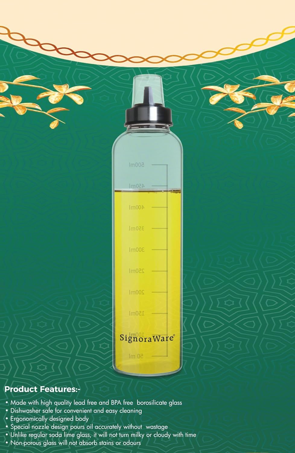 SignoraWare Even Flow Borosilicate Glass Oil Dispenser, 500Ml, 1452Clear