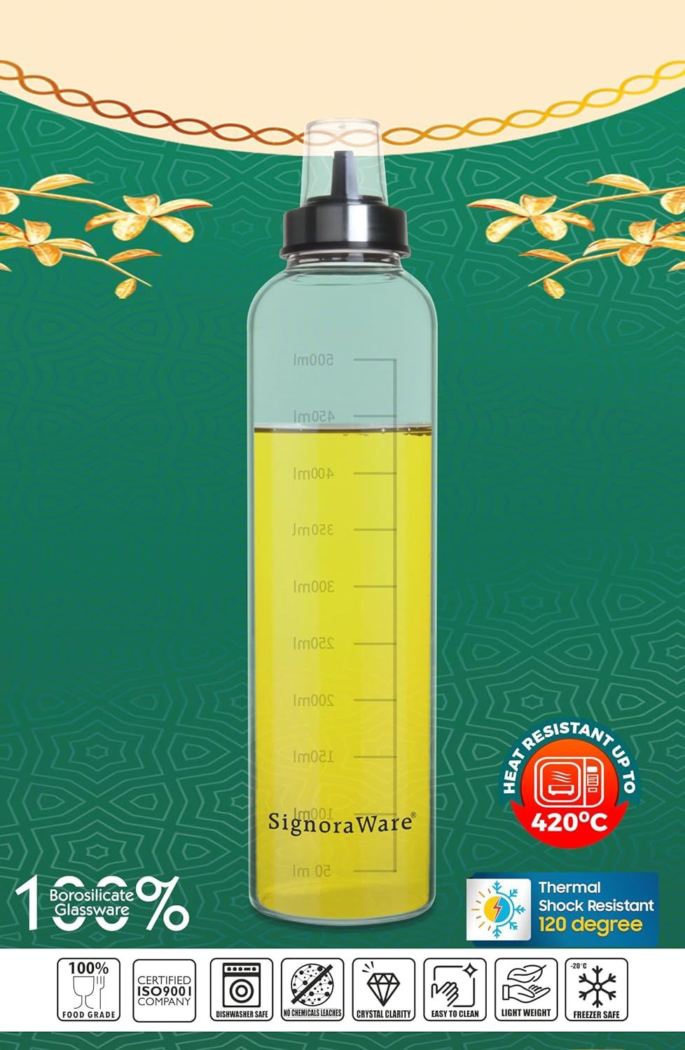 SignoraWare Even Flow Borosilicate Glass Oil Dispenser, 500Ml, 1452Clear