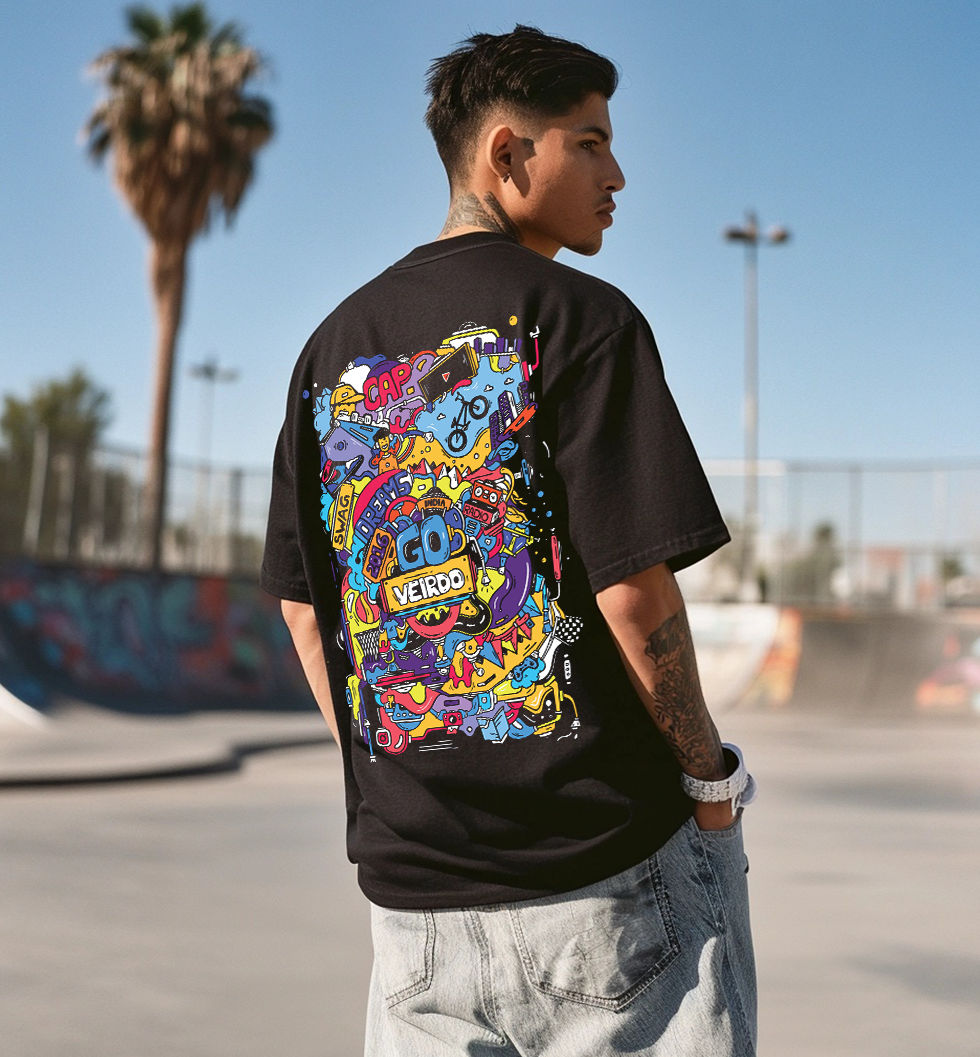 VEIRDO Men's Printed Oversized T-Shirt | TSH DDL BLK 730 | Black - L