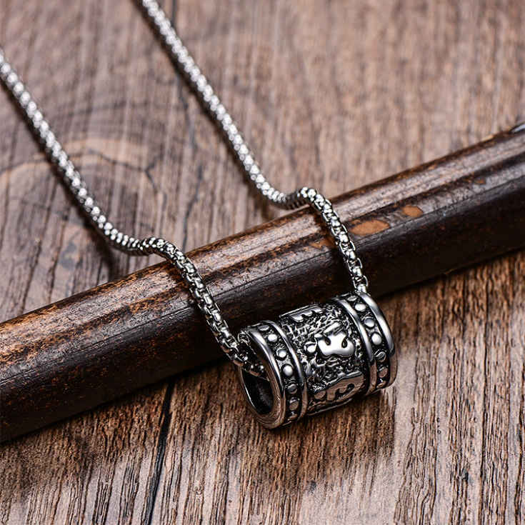 Estailo Fashion Tribal Drum Barrel Necklace Vintage Carved Pendant for Bold Style For Mens | MN00009