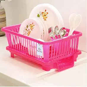 Kuber Heart Home 3-in-1 Plastic Dish Rack for Kitchen Sink | Draining Rack, Washing Basket | Pink