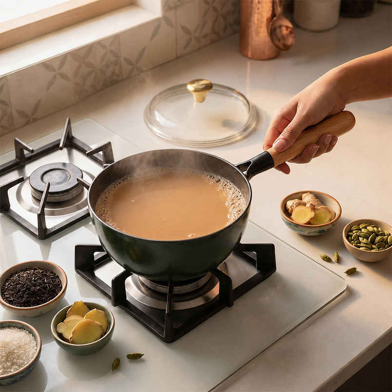Cumin Co. Cast Iron Sauce Pan 15 L with Lid | Beechwood Handle | Green Cumin Co. Cast Iron Sauce Pan 15 L with Lid | Beechwood Handle | Green