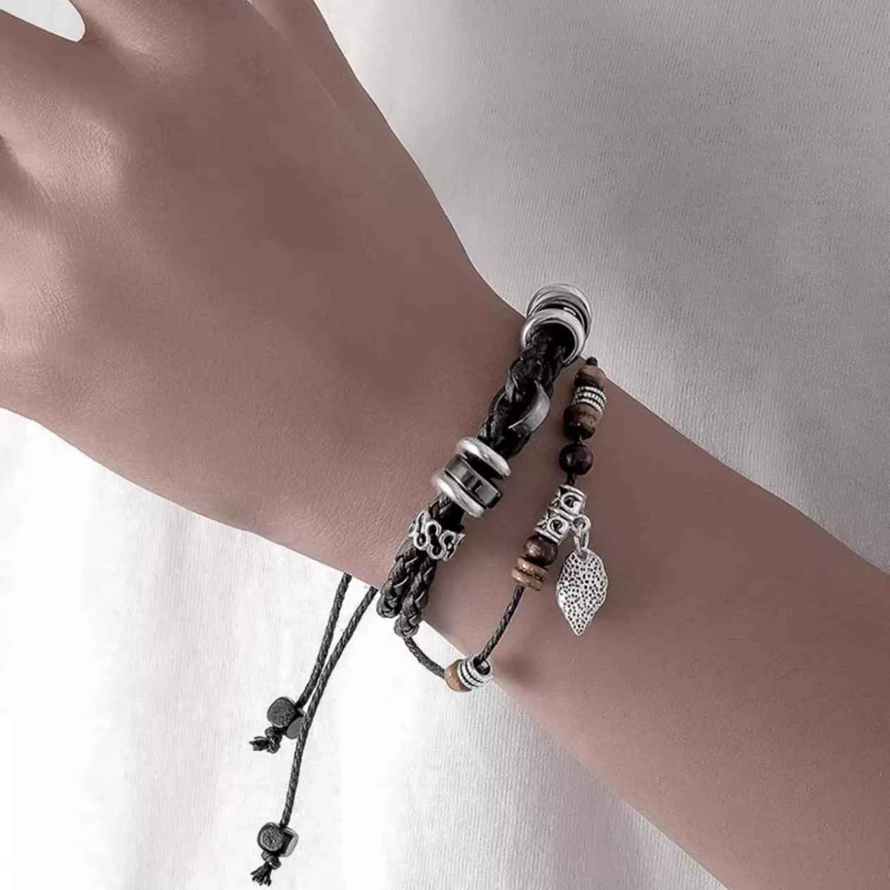 Estailo Fashion Boho Leaf Charm Bracelet for Mens Adjustable Rope Style with Beads | MB00002