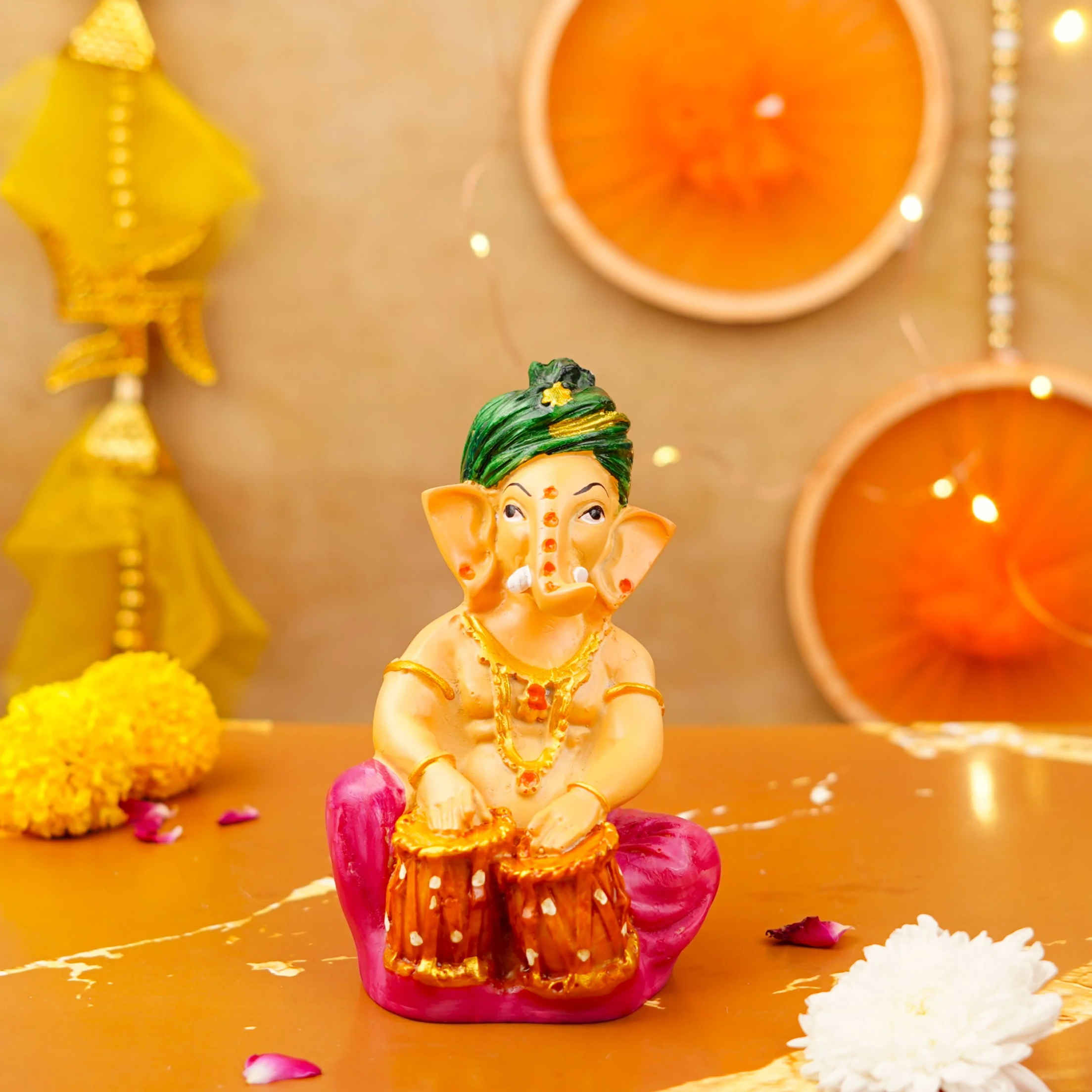 Green Pagdi Ganesha Playing Tabla | Resin Idol | 5 inch | ServDharm