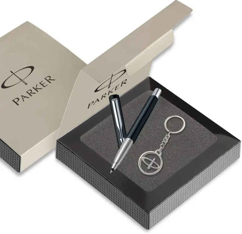 Parker Vector Standard Chrome Trim Roller Ball Pen with Silver Key Chain Gift Set | Ink Color- Black