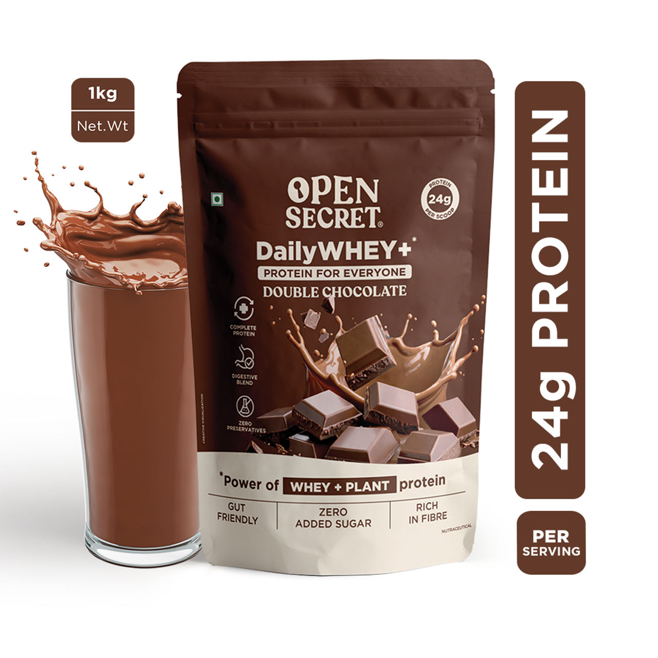Open Secret Whey+ Protein - Double Chocolate Flavour | 24g Protein Per Scoop