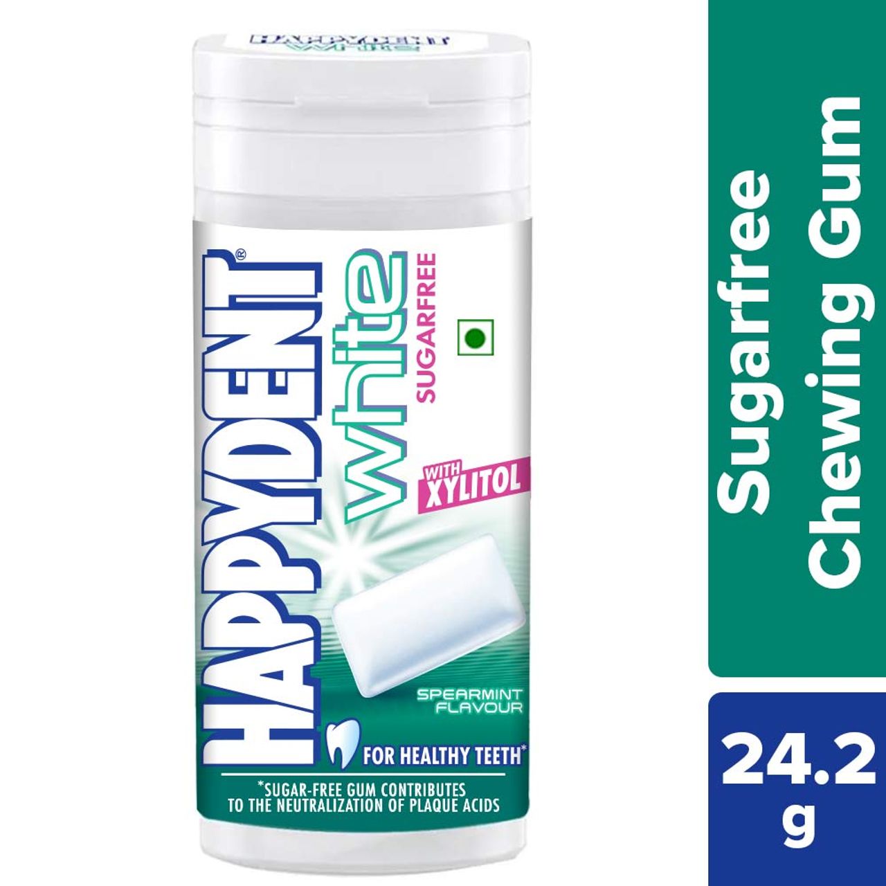 Happydent White, Xylitol Sugarfree Spearmint Flavour, Chewing Gum Pocket Bottle