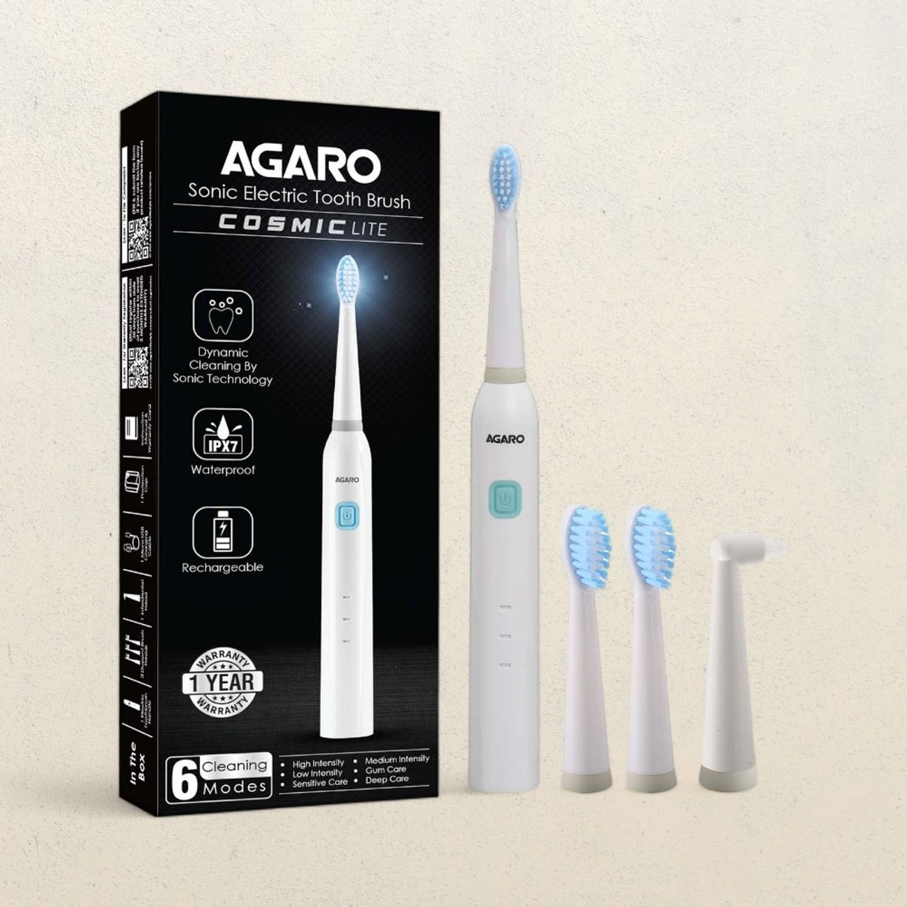 Agaro Cosmic Lite Sonic Electric Toothbrush For Adults With 6 Modes (White)