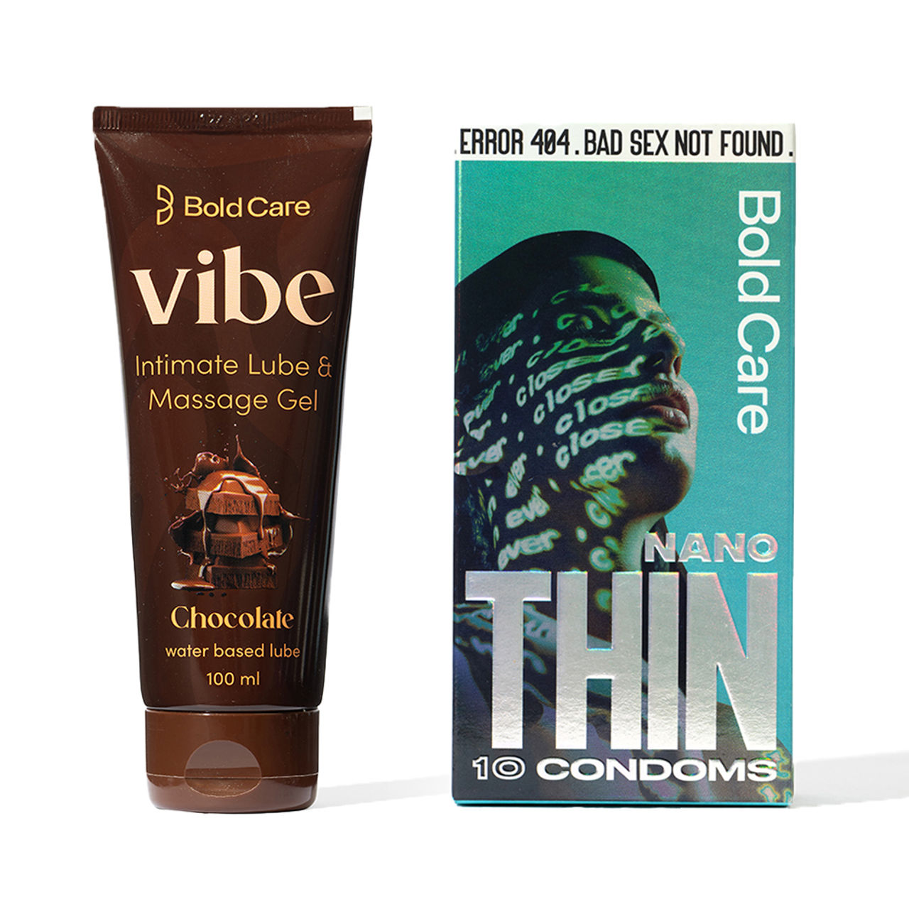 Bold Care Vibe - Chocolate Flavoured Water-Based Intimate Lube (100ml) & Bold Care 404 Super Nano Thin Condoms For Men (10pc) Combo