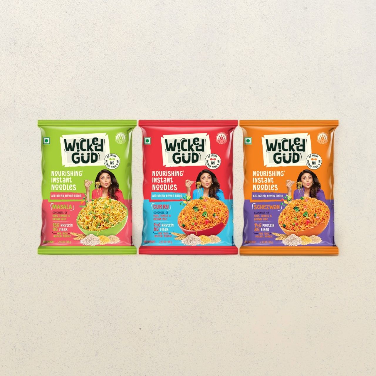 Wickedgud Instant Noodles - Schezwan(69gms), Wickedgud Instant Noodles - Curry(69gms) & Wickedgud Instant Noodles - Masala(69gms) Combo