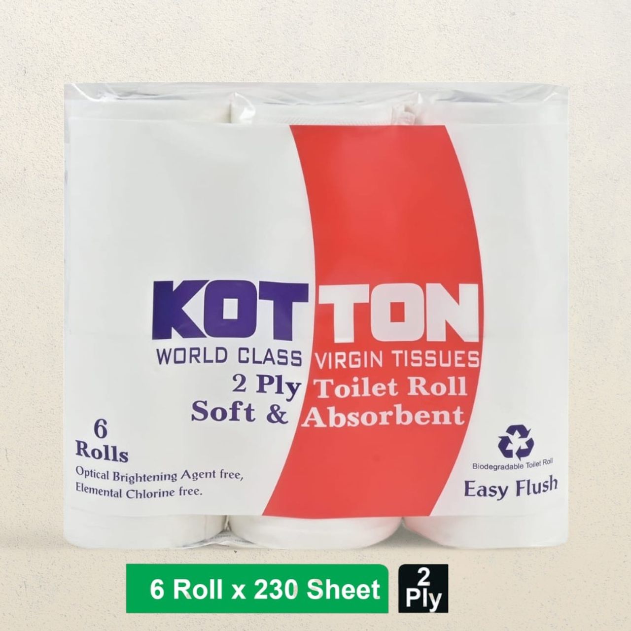 Kotton Toilet Roll - 2 Ply -100% Virgin Pulp/Paper, Pack of 6, 230 sheets