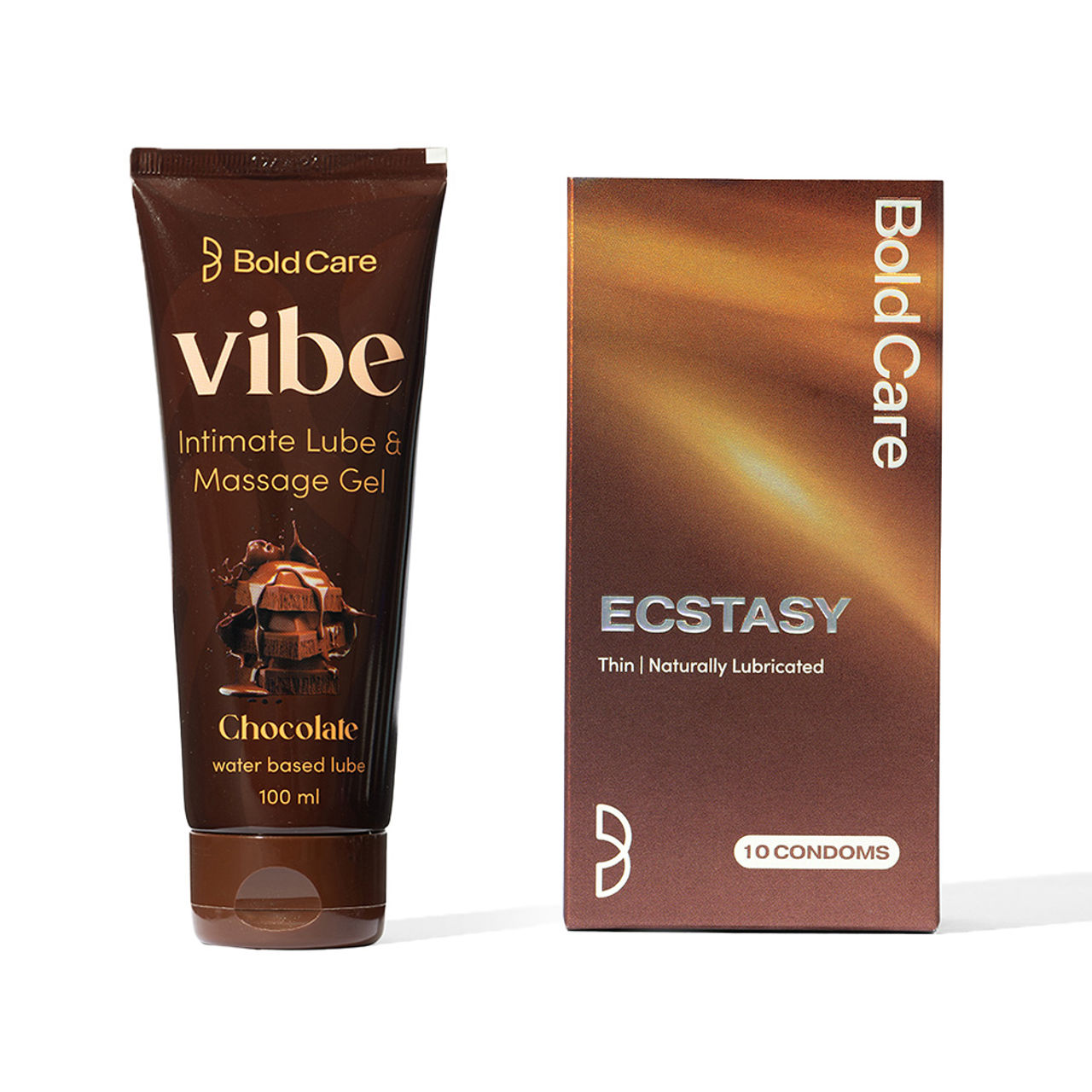 Bold Care Vibe - Chocolate Flavoured Water-Based Intimate Lube (100ml) & 404 By Bold Care Esctasy Condoms For Men For A Tingling Intimate Sensation (10pc) Combo