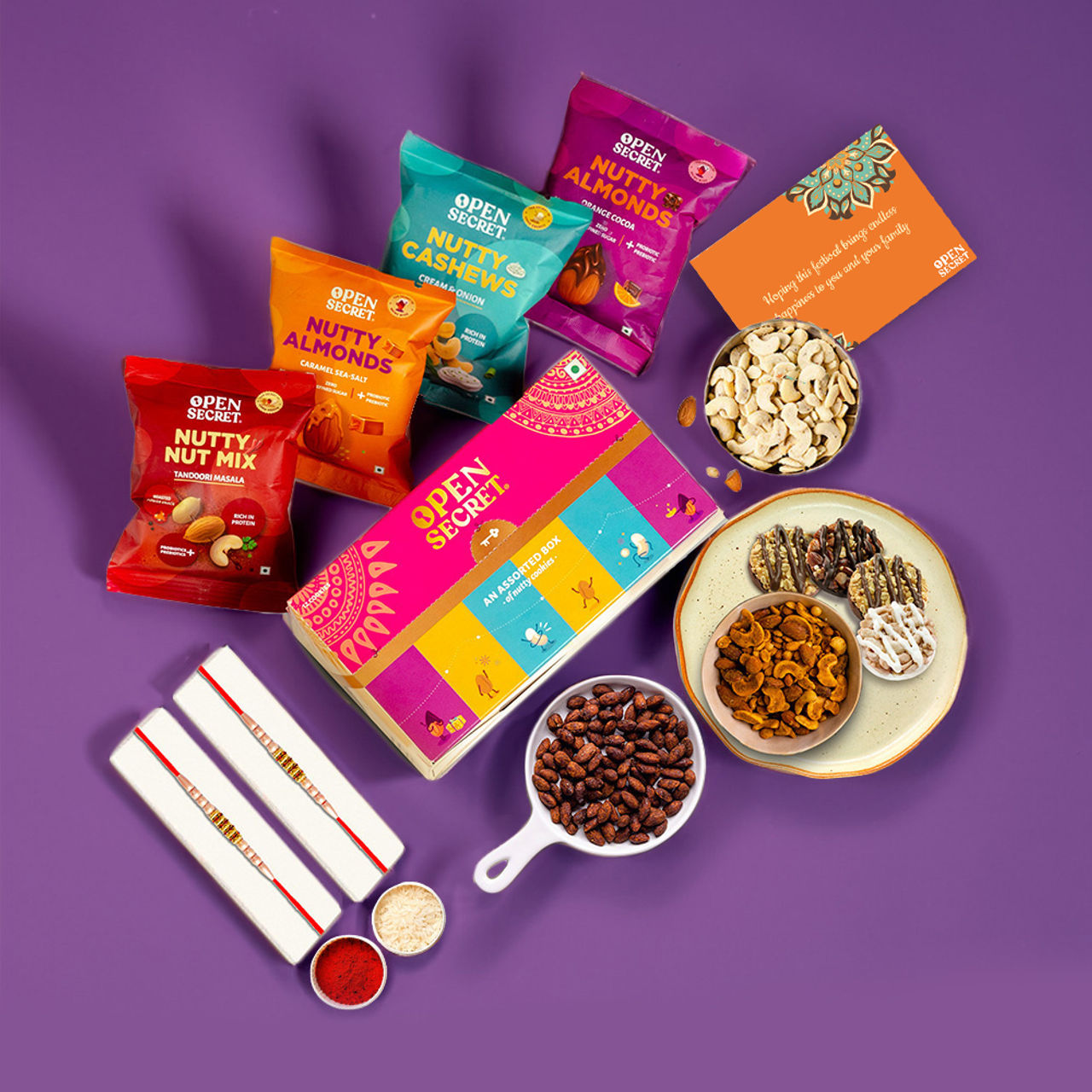 Open Secret Rakhi Chocolate and Flavoured Dry Fruits Gift Hamper for Brother | Roli Chawal and Card