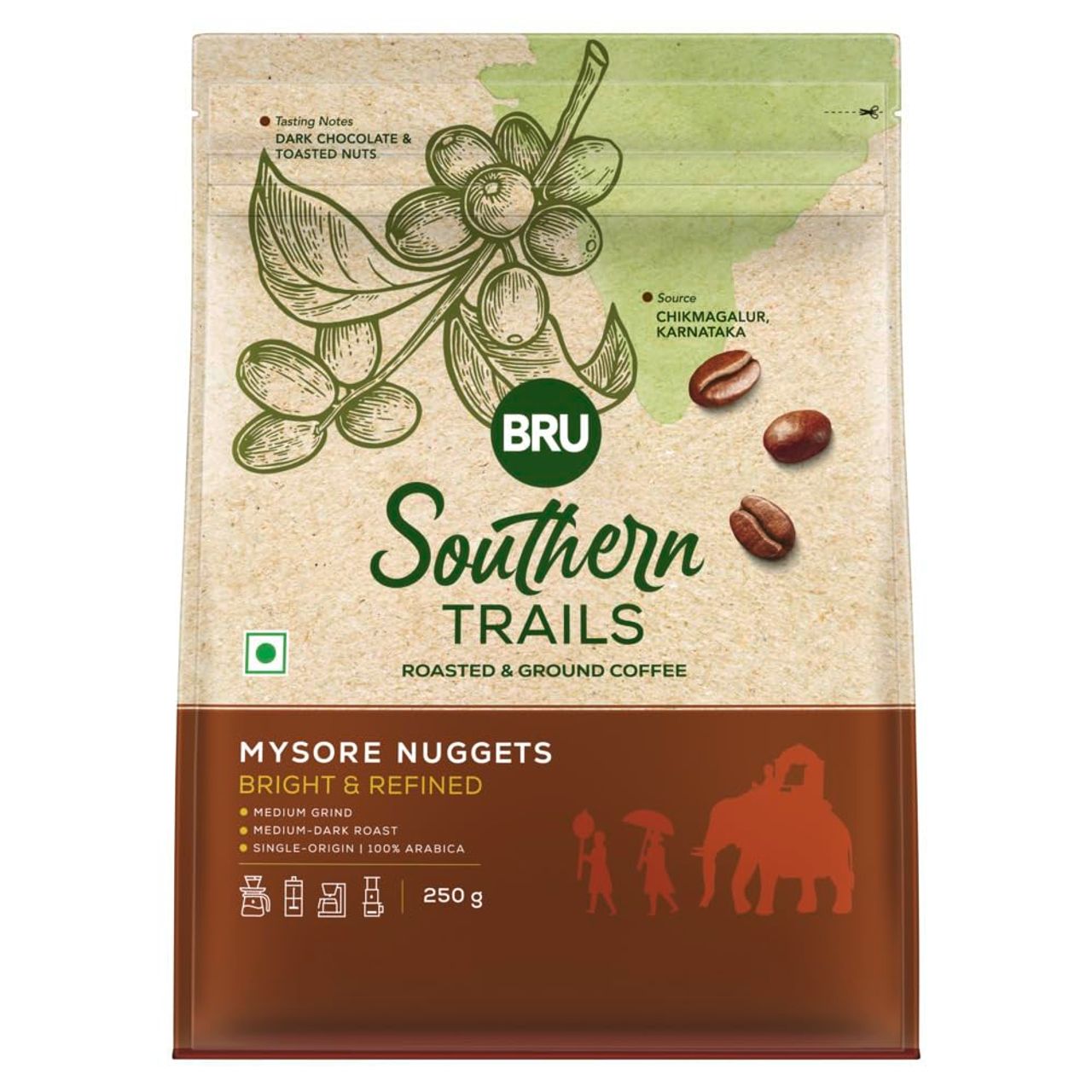 Bru Southern Trails R&G Bag Mysore Nuggets Medium Roast Ground Coffee