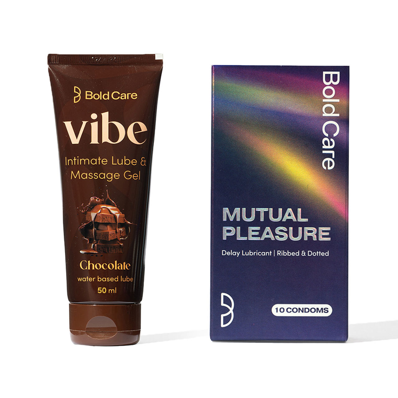 Bold Care Vibe Chocolate Water Based Lube (50ml) & Bold Care 404 Mutual Pleasure Condoms For Men (Pack Of 10) (10pc) Combo