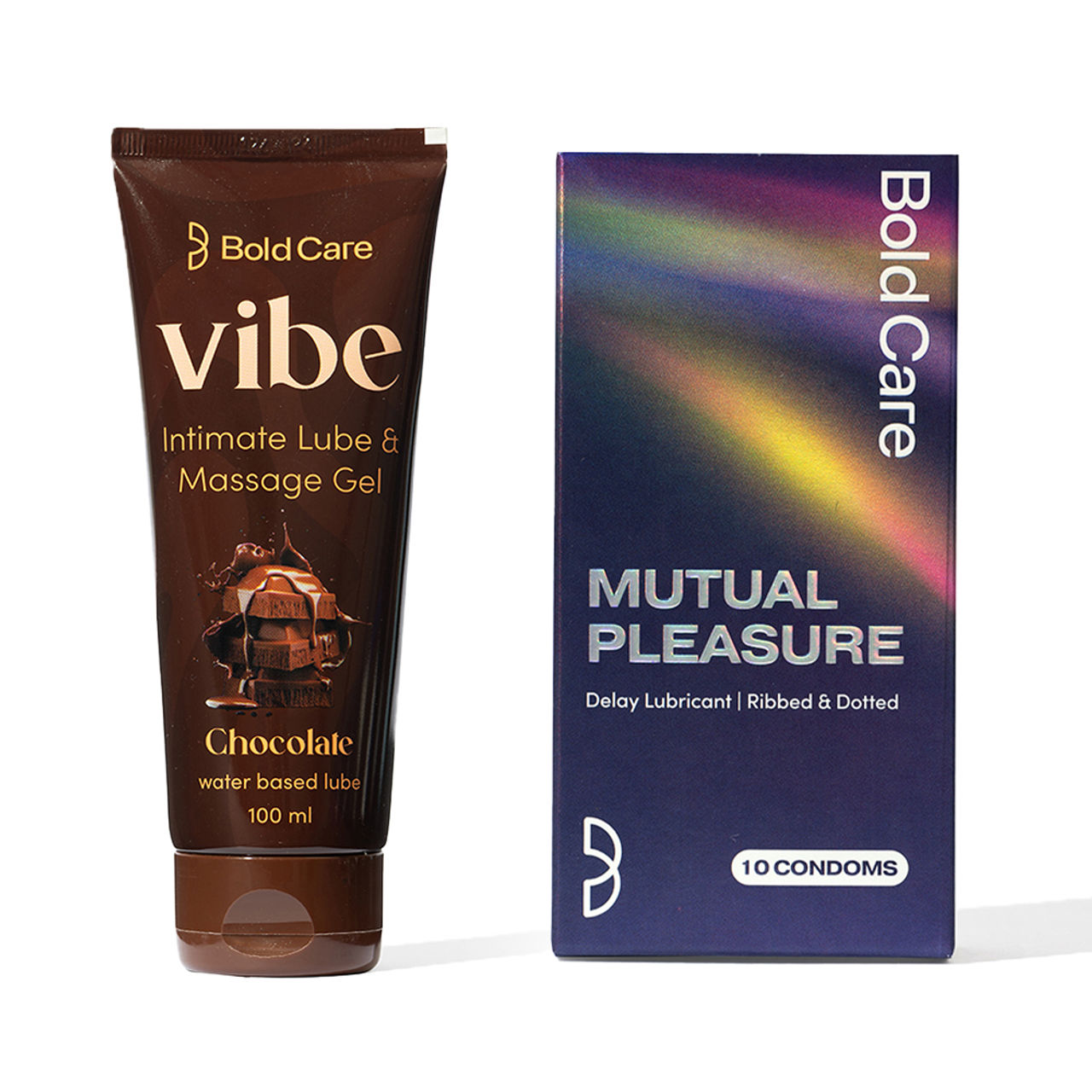 Bold Care Vibe - Chocolate Flavoured Water-Based Intimate Lube (100ml) & Bold Care 404 Mutual Pleasure Condoms For Men (Pack Of 10) (10pc) Combo