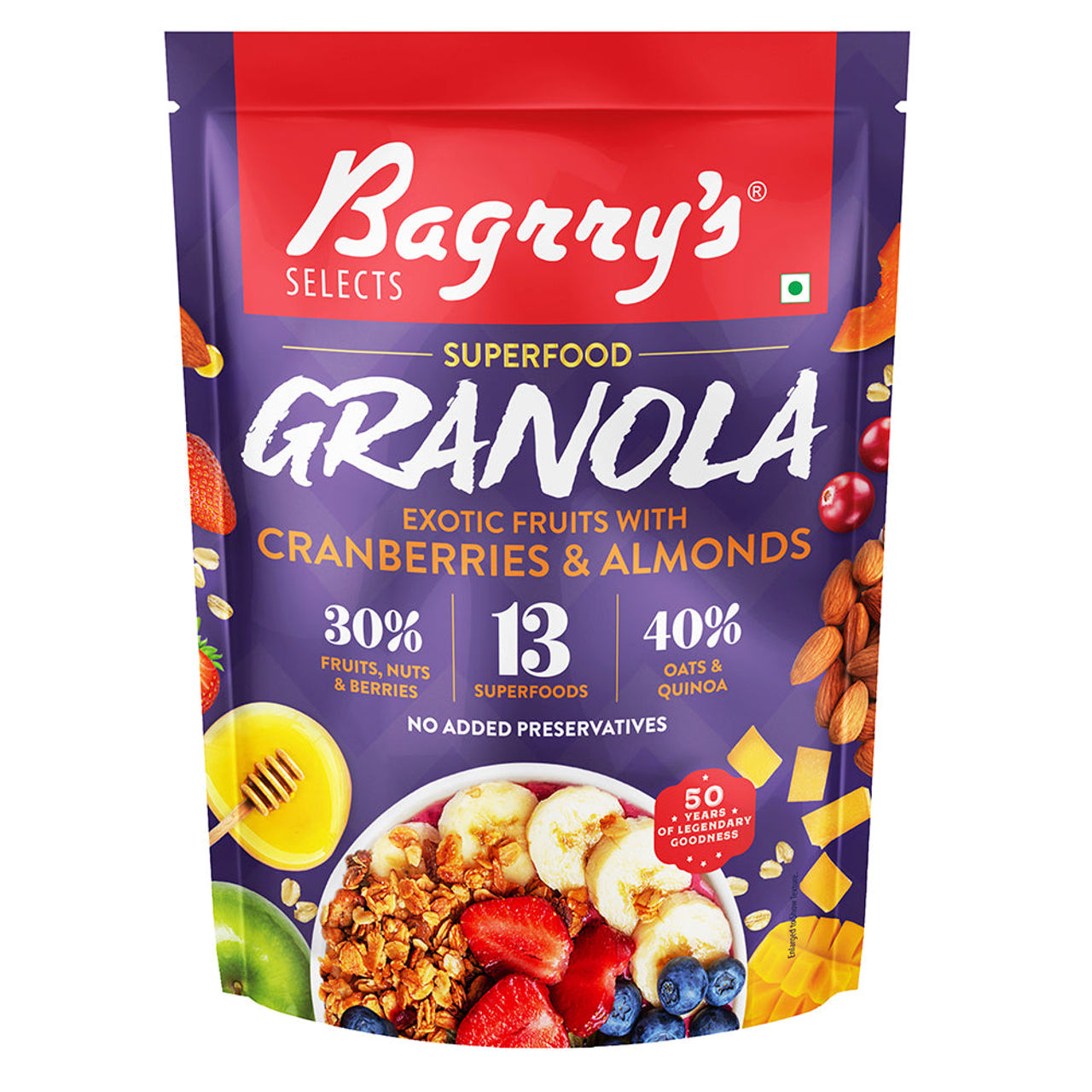 Bagrry's Exotic Fruits with Cranberries & Almonds Granola (30% Fruits, Nuts & Berries)
