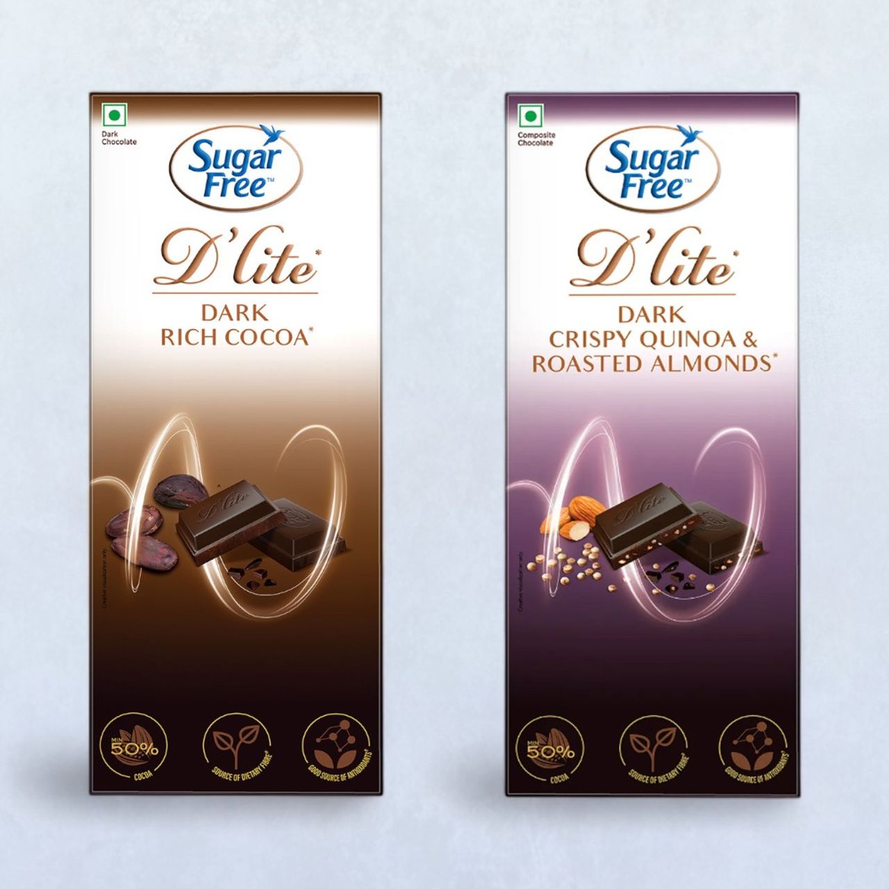 Sugar Free D'Lite Rich Cocoa Dark Chocolate Bar(40gms) & Sugar Free D'Lite Quinoa & Almonds Dark Chocolate Bar(40gms) Combo