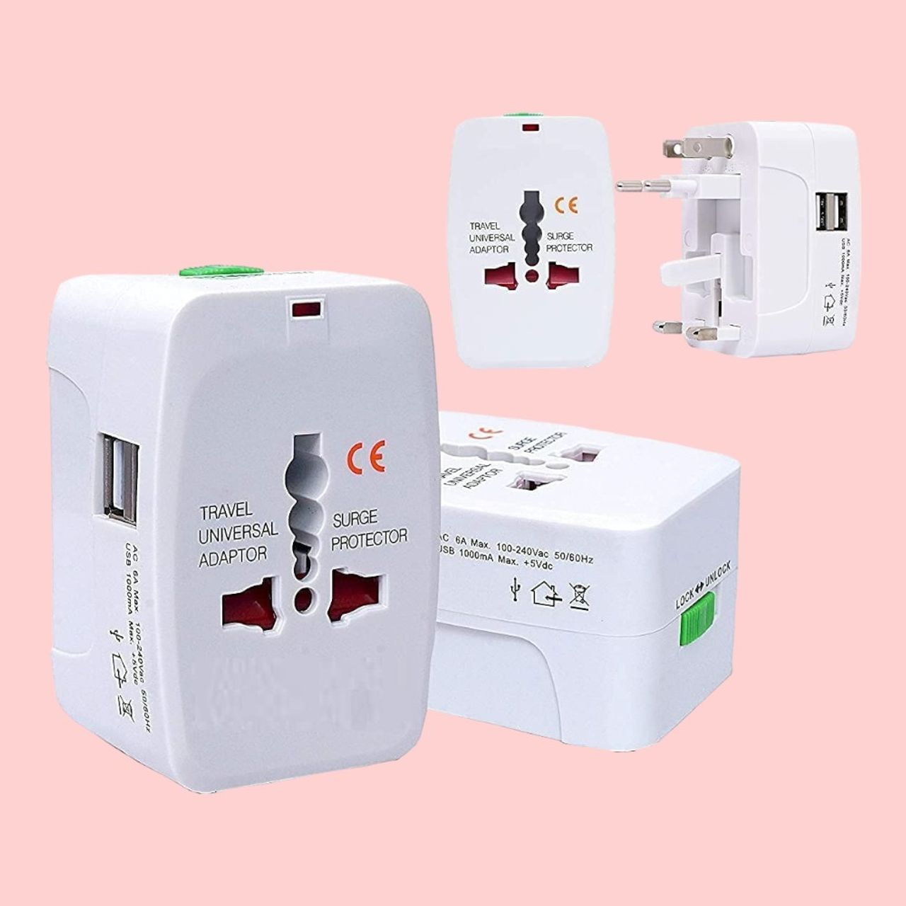 DesiDiya Worldwide Travel Adapter With Build In Charger Dual Usb Ports 125V 6A,250V Plug White