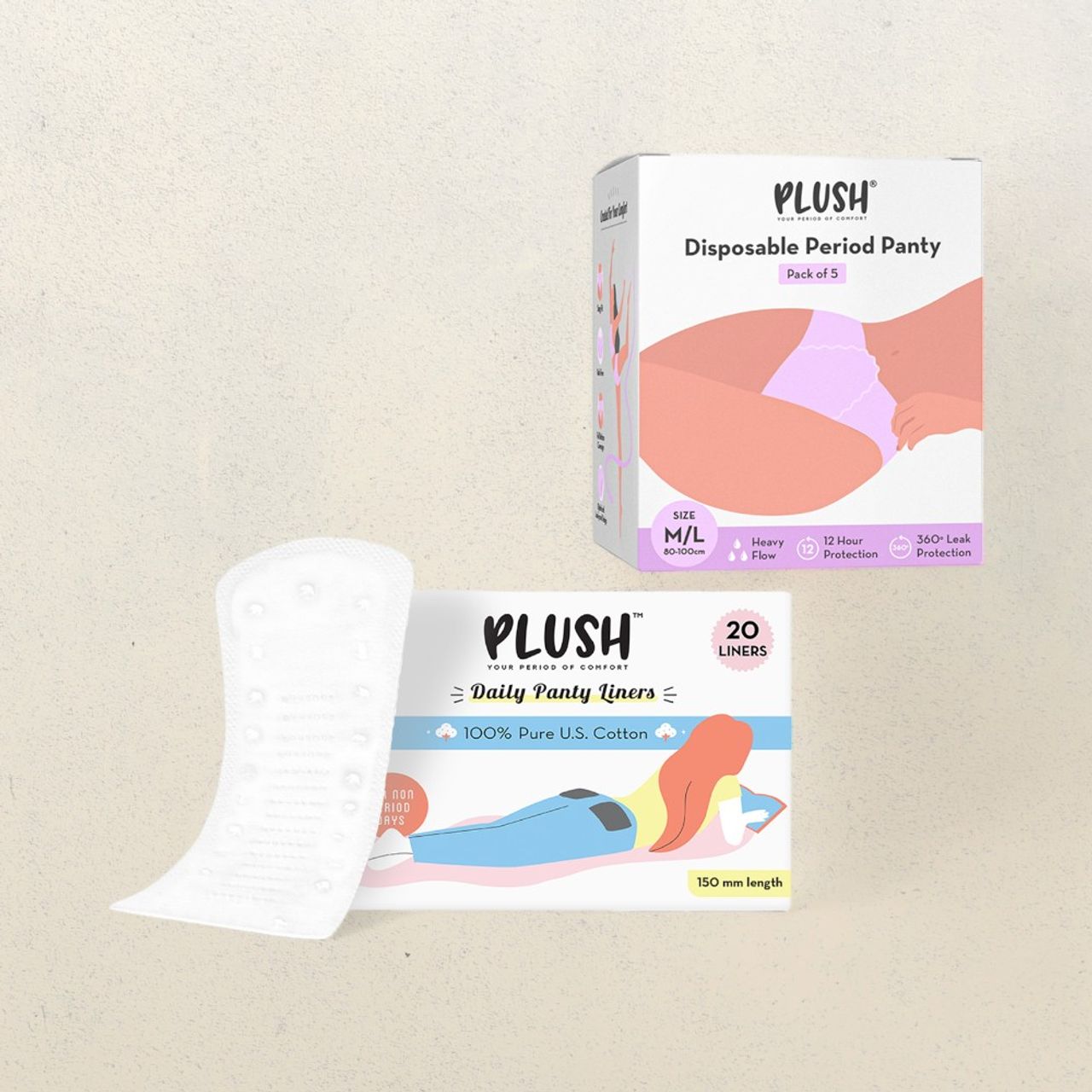 Plush Disposable Period Panty(5pc) & Plush 100% Pure Us Cotton Panty Liners(20pc) Combo