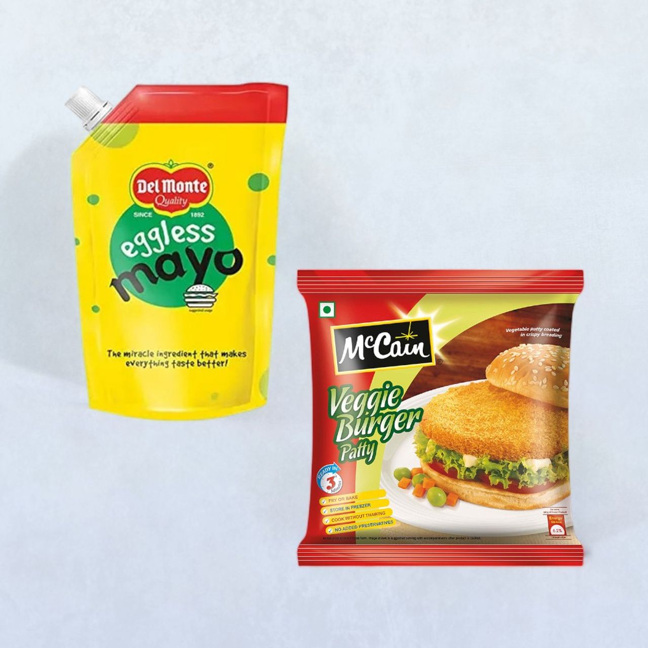 Del Monte Eggless Mayo(500gms) & Mccain Veggie Burger Patty(360gms) Combo