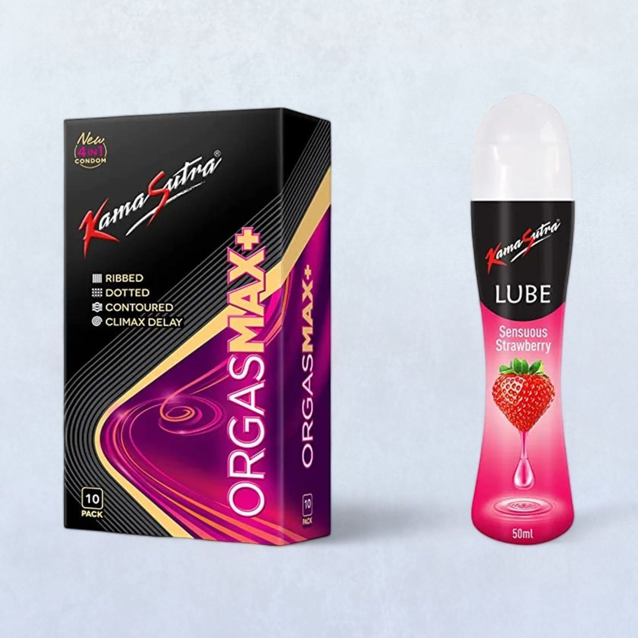 Kama Sutra Orgasmax+ Condoms(10pc) & Kama Sutra Personal Lube Strawberry(50ml) Combo