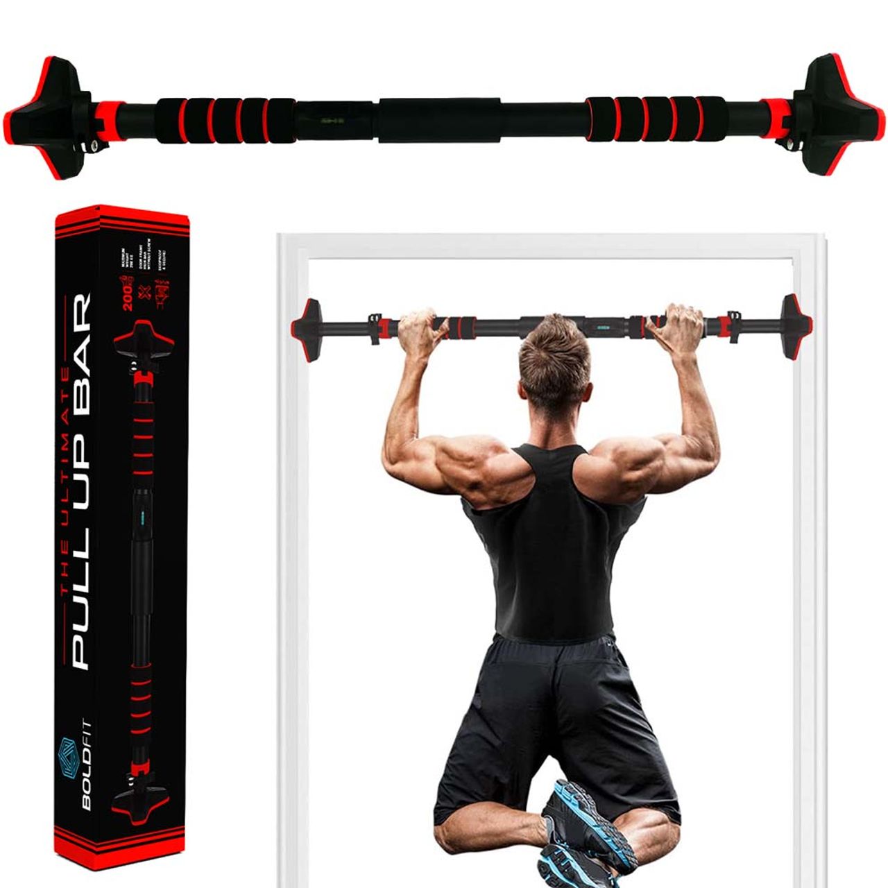 Boldfit Adjustable Pull Up Bars For Home Workout Chin Up Bar - Red Black